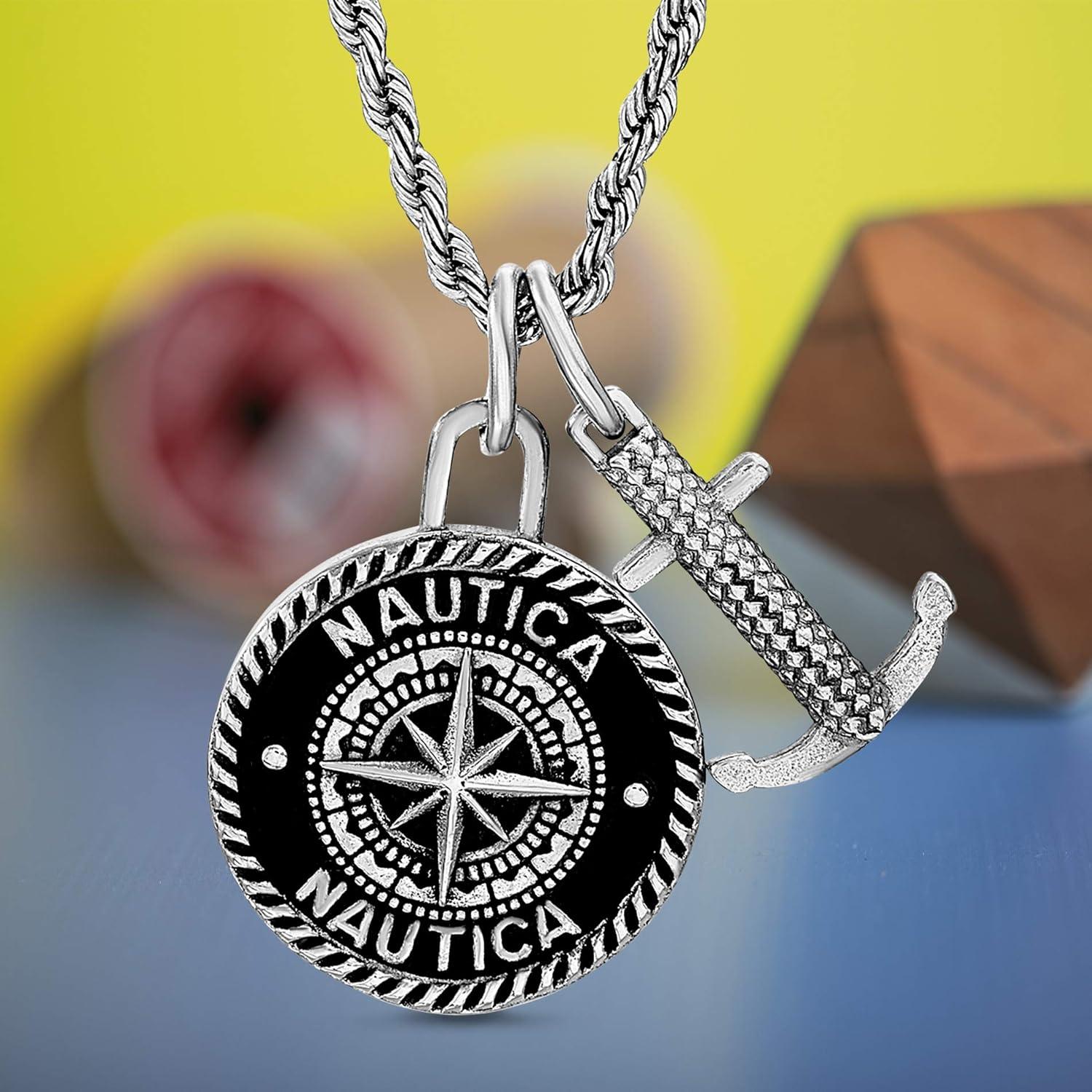 imageNautica Oxidized Stainless Steel Black Round Medallion Compass Anchor Double Pendant Necklace for Men 24 Inch Rope Chain