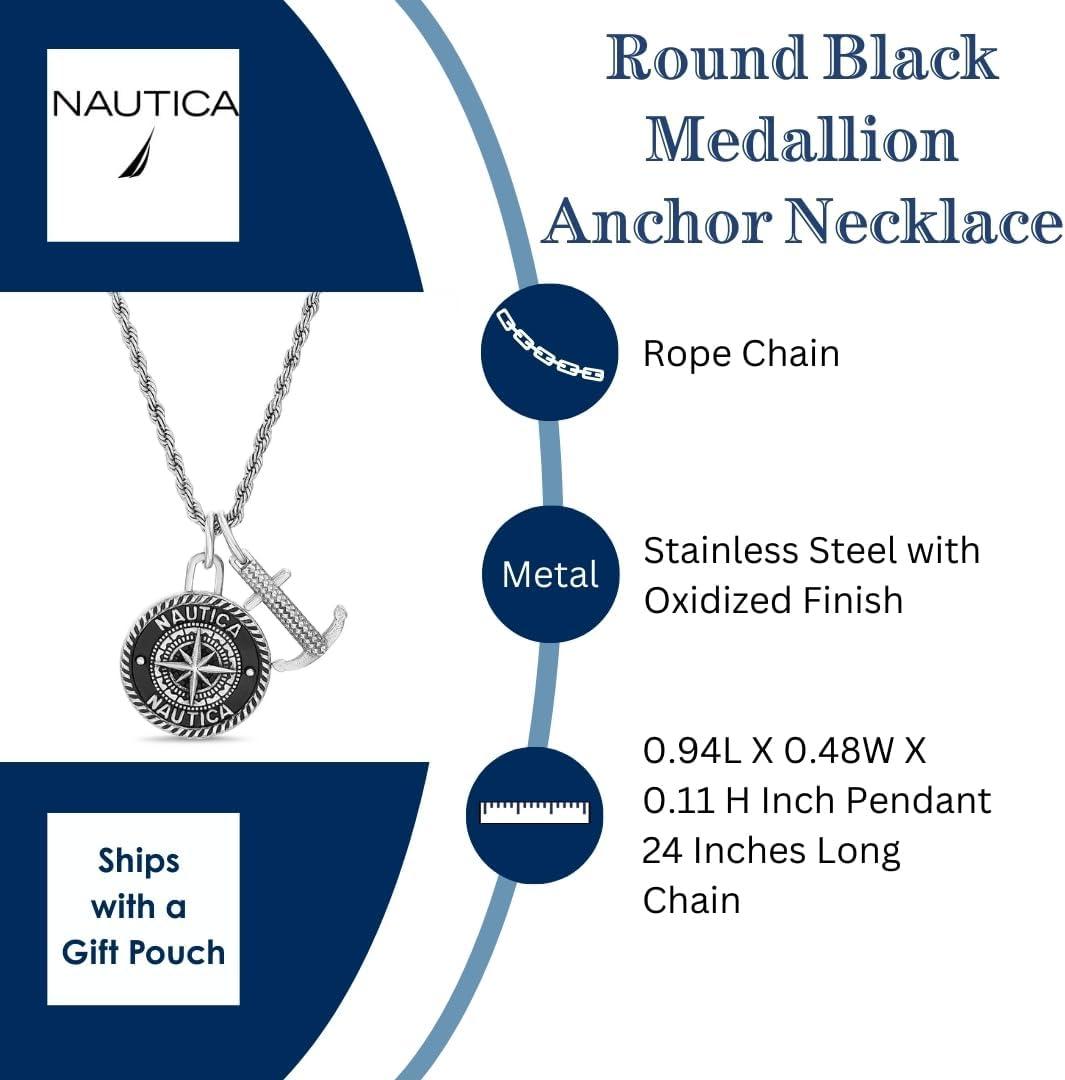 imageNautica Oxidized Stainless Steel Black Round Medallion Compass Anchor Double Pendant Necklace for Men 24 Inch Rope Chain