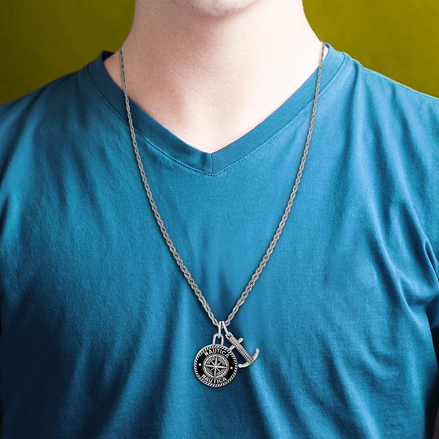 imageNautica Oxidized Stainless Steel Black Round Medallion Compass Anchor Double Pendant Necklace for Men 24 Inch Rope Chain