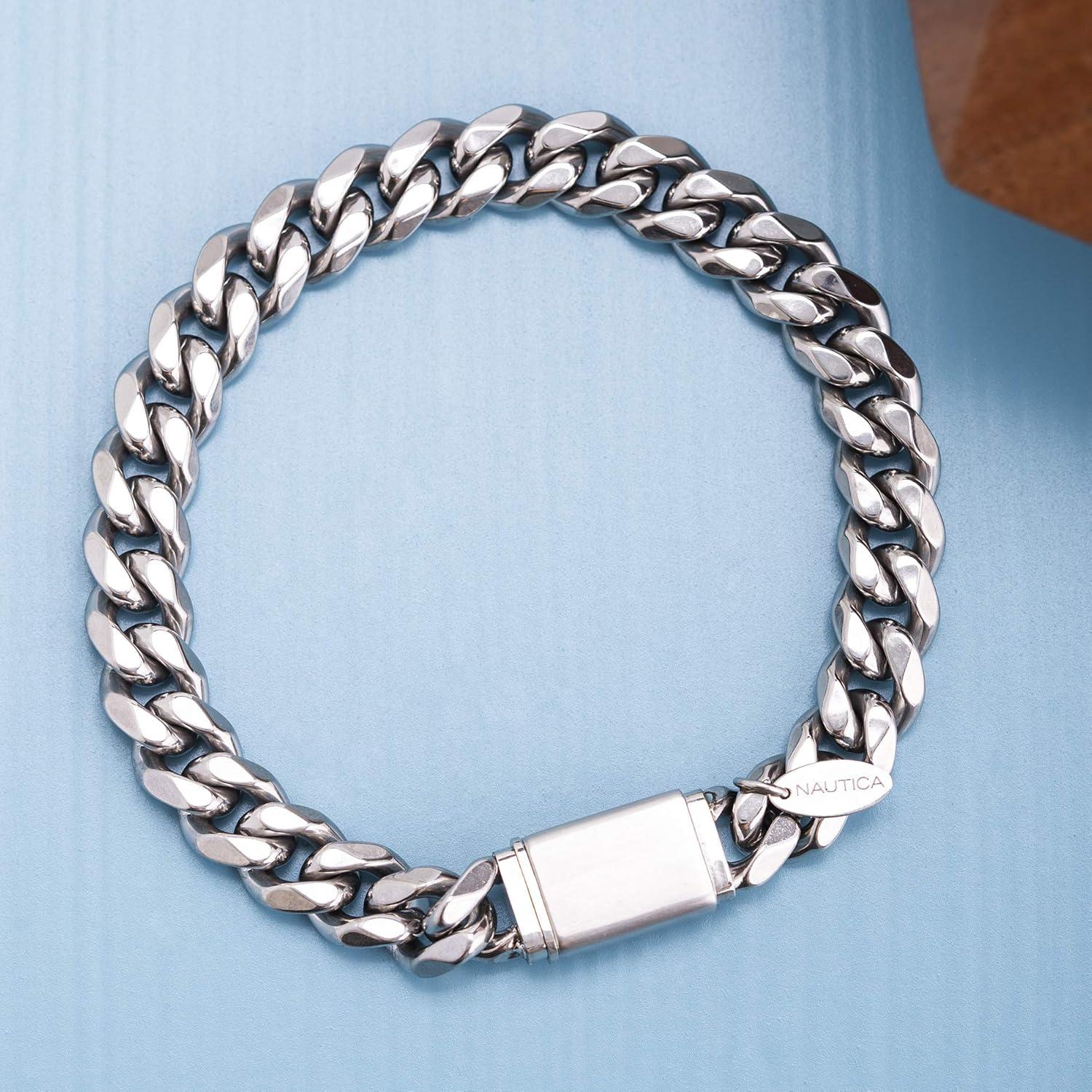 imageNautica Stainless Steel Bracelet for Men 10mm Wide Cuban Link Chain 85 Inches Long Box Clasp