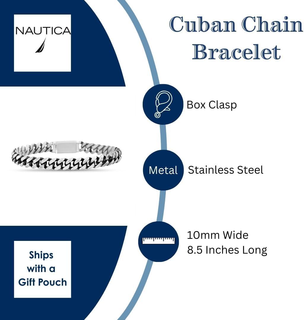 imageNautica Stainless Steel Bracelet for Men 10mm Wide Cuban Link Chain 85 Inches Long Box Clasp
