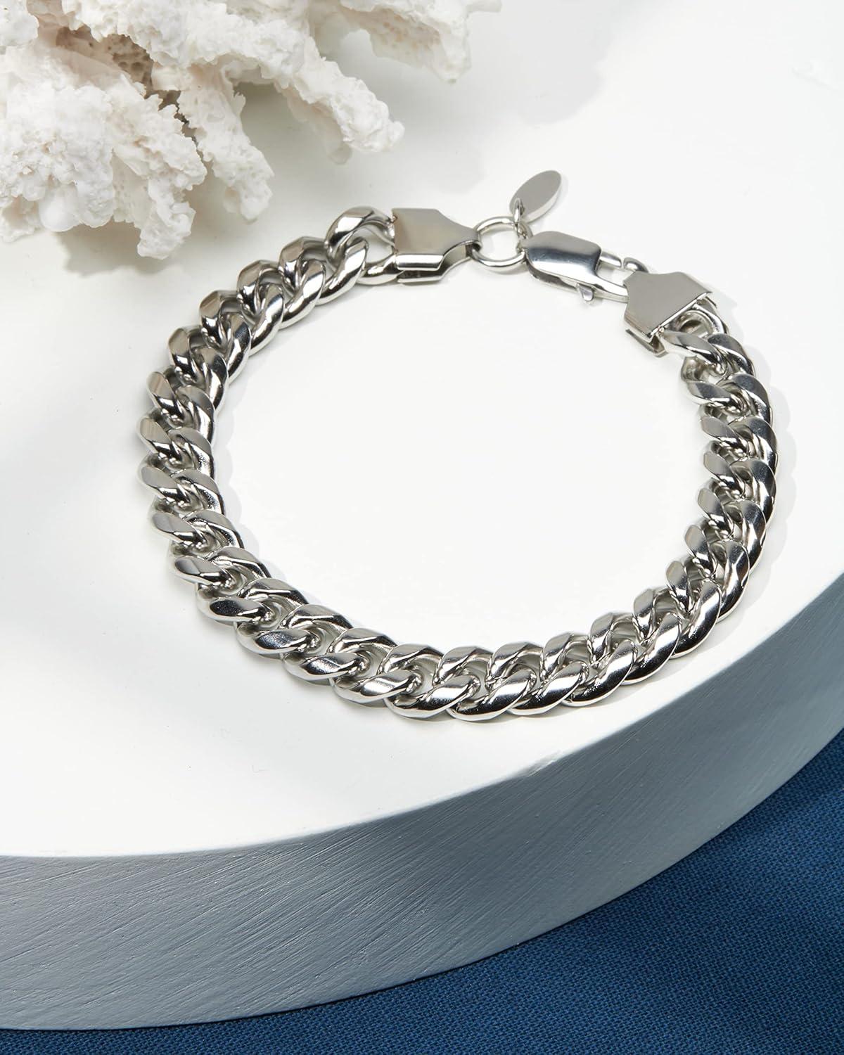 imageNautica Stainless Steel Bracelet for Men Miami Cuban Flat Link Chain Bracelet Lobster Clasp10 MM