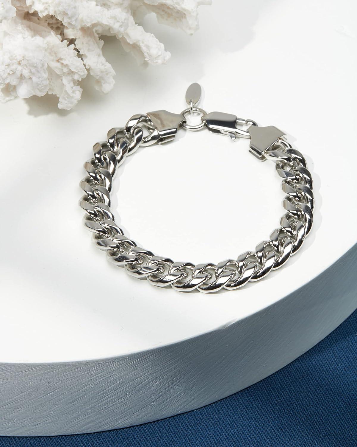 imageNautica Stainless Steel Bracelet for Men Miami Cuban Flat Link Chain Bracelet Lobster Clasp10 MM