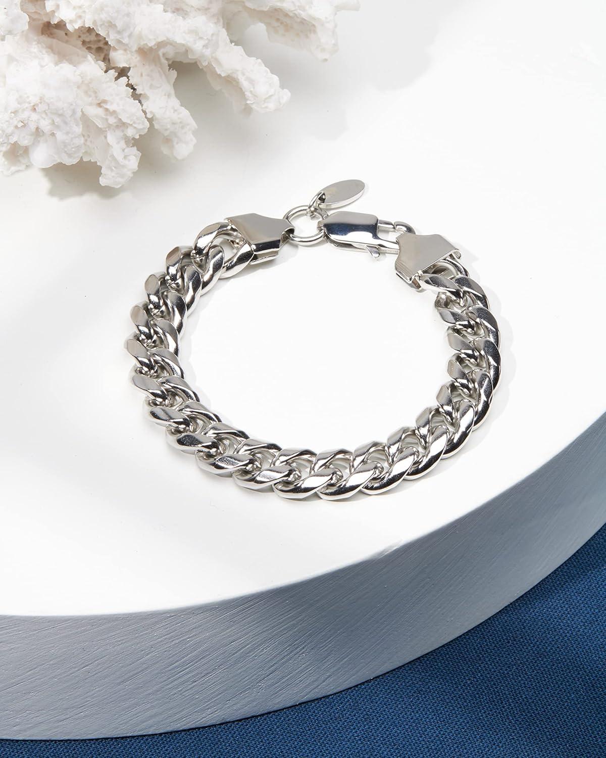 imageNautica Stainless Steel Bracelet for Men Miami Cuban Flat Link Chain Bracelet Lobster Clasp10 MM
