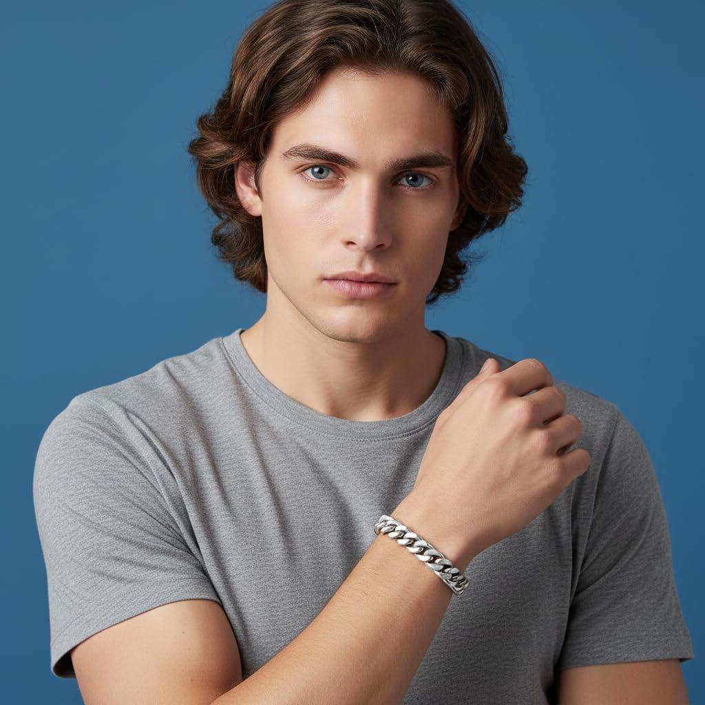 imageNautica Stainless Steel Bracelet for Men Miami Cuban Flat Link Chain Bracelet Lobster Clasp10 MM