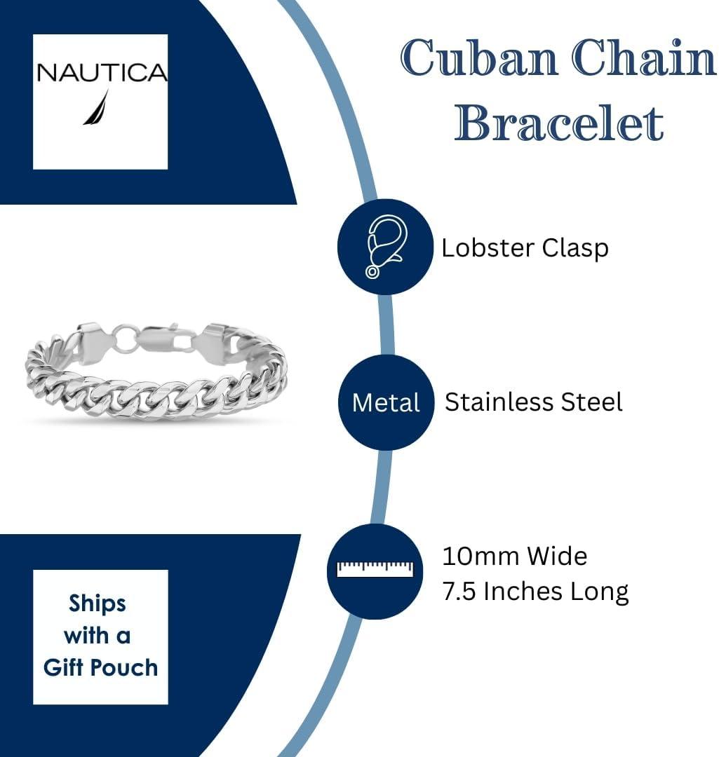 imageNautica Stainless Steel Bracelet for Men Miami Cuban Flat Link Chain Bracelet Lobster Clasp10 MM