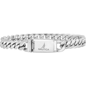 Nautica Curb Link Chain Stainless Steel Bracelet for Men ID Bar Clasp Sailboat Logo(5 MM)