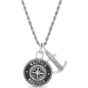 Nautica Oxidized Stainless Steel Black Round Medallion Compass Anchor Double Pendant Necklace for Men 24 Inch Rope Chain