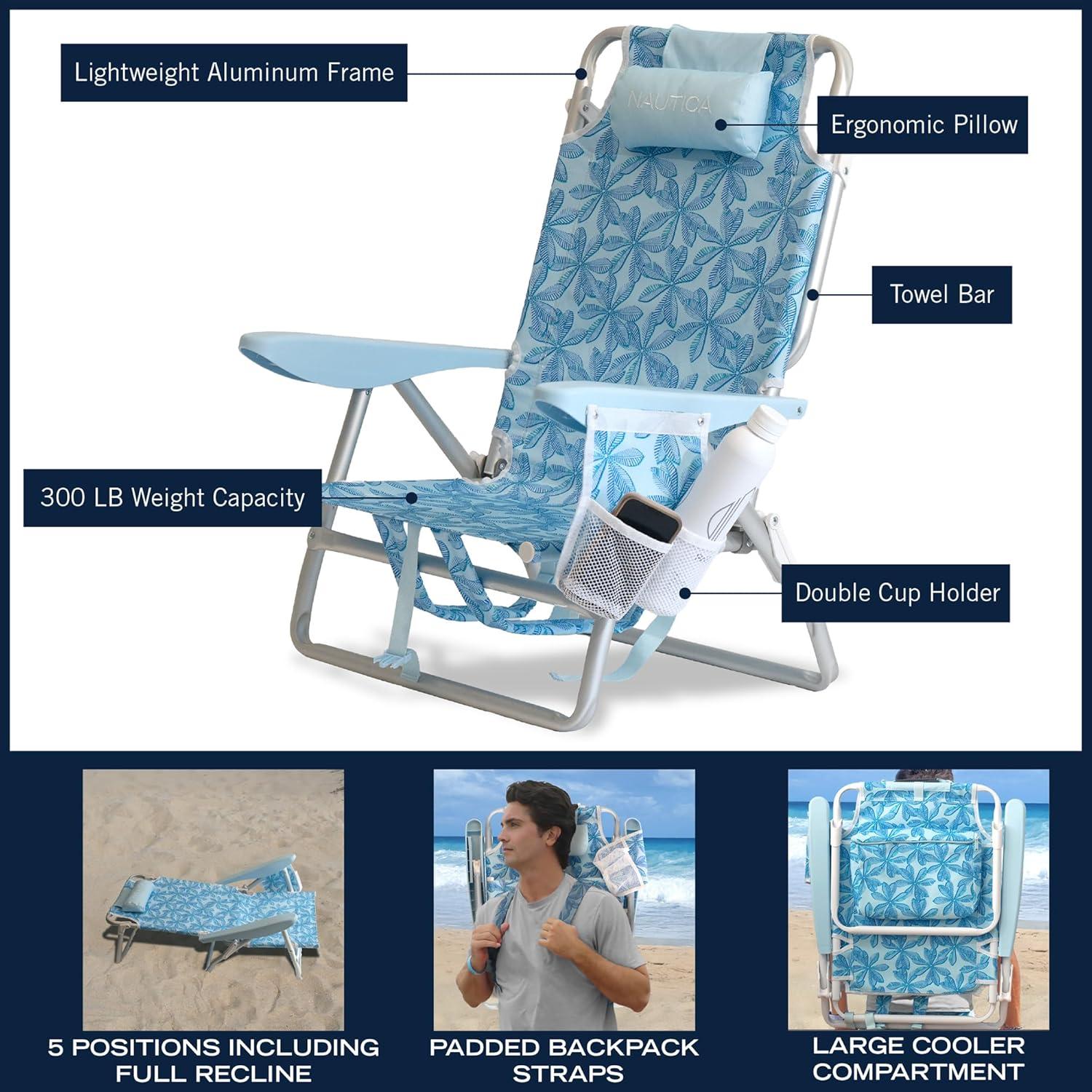 imageNautica Beach Chair Five Position Backpack Chair Portable amp Adjustable with Padded Pillow and Cup Holders and Attached Insulated Cooler BagBeach Palm