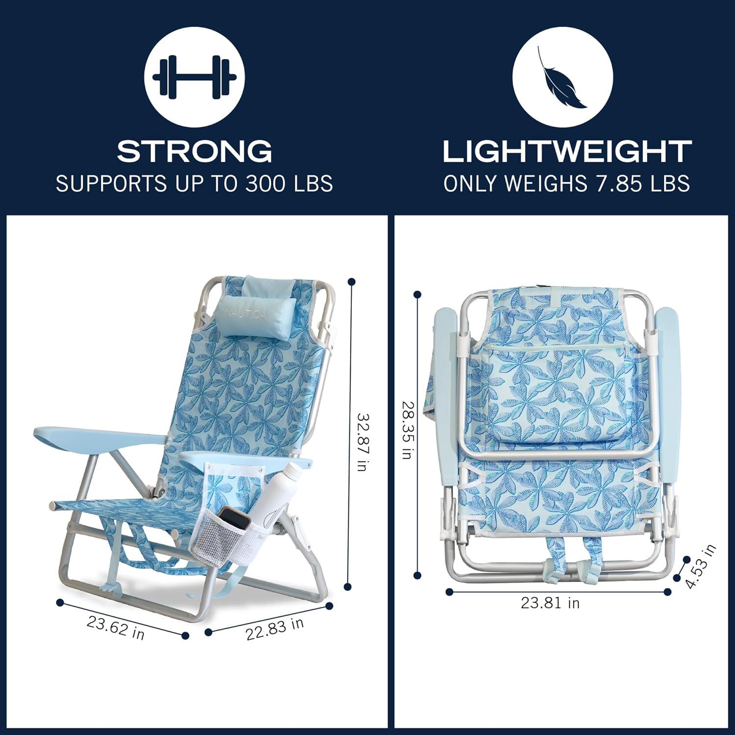 imageNautica Beach Chair Five Position Backpack Chair Portable amp Adjustable with Padded Pillow and Cup Holders and Attached Insulated Cooler BagBeach Palm