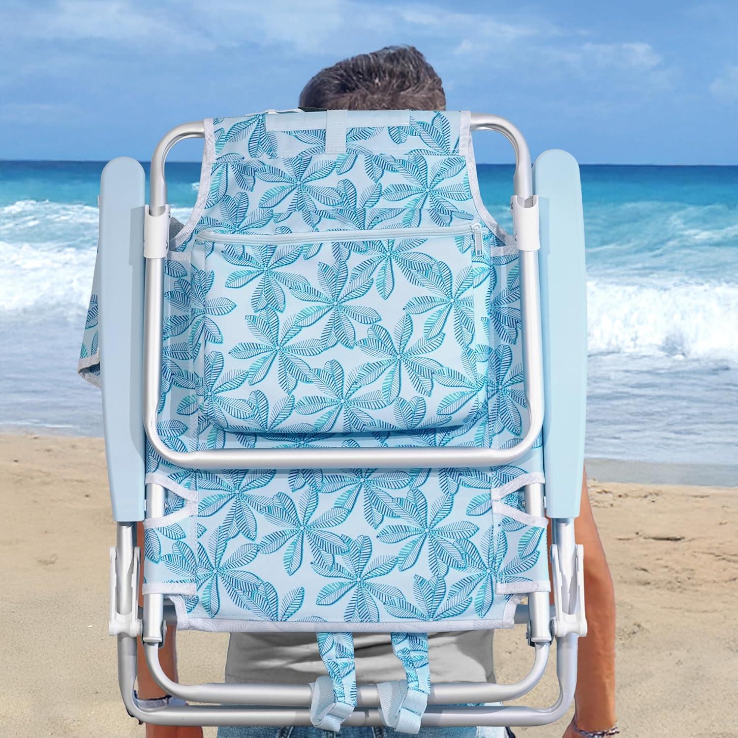 imageNautica Beach Chair Five Position Backpack Chair Portable amp Adjustable with Padded Pillow and Cup Holders and Attached Insulated Cooler BagBeach Palm