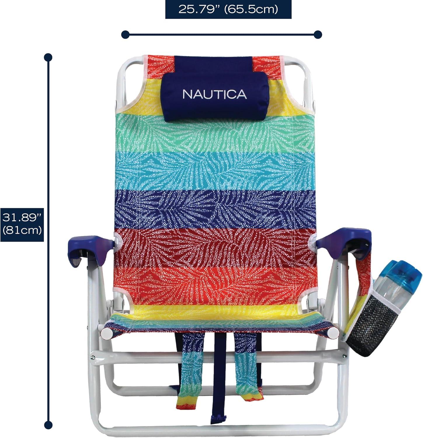 imageNautica Beach Chair Five Position Backpack Chair Portable amp Adjustable with Padded Pillow and Cup Holders and Attached Insulated Cooler BagDotty Palm Rainbow