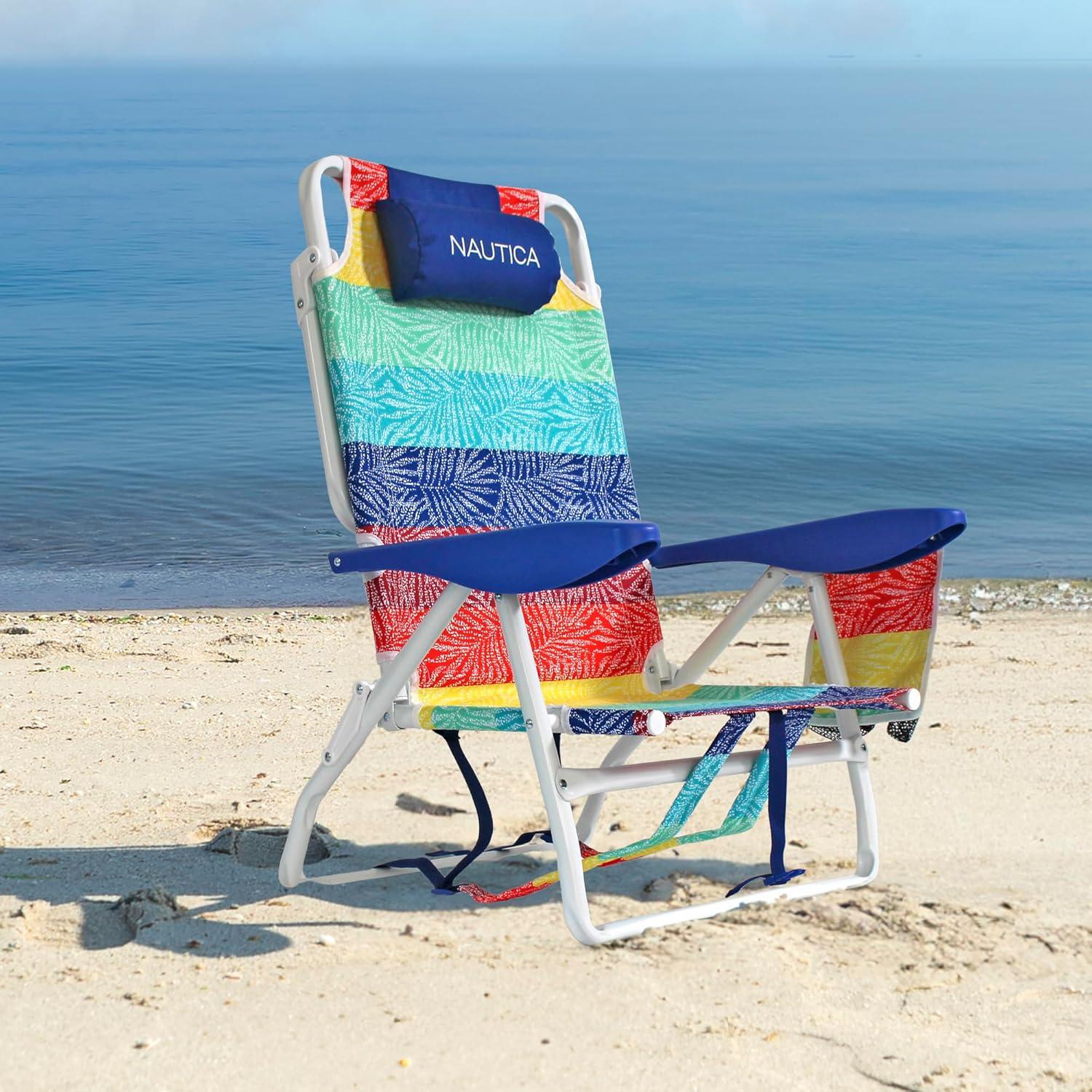 imageNautica Beach Chair Five Position Backpack Chair Portable amp Adjustable with Padded Pillow and Cup Holders and Attached Insulated Cooler BagDotty Palm Rainbow