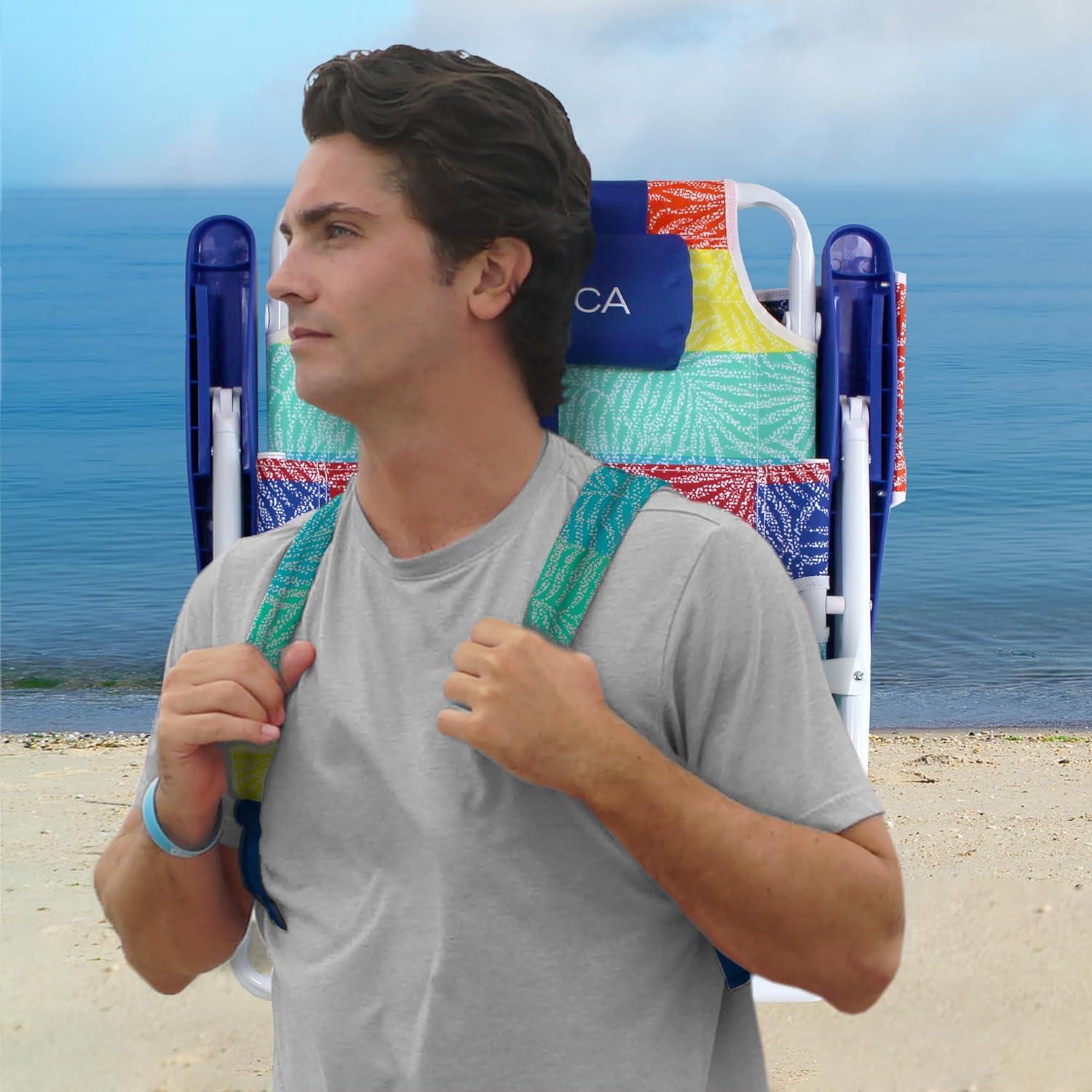 imageNautica Beach Chair Five Position Backpack Chair Portable amp Adjustable with Padded Pillow and Cup Holders and Attached Insulated Cooler BagDotty Palm Rainbow