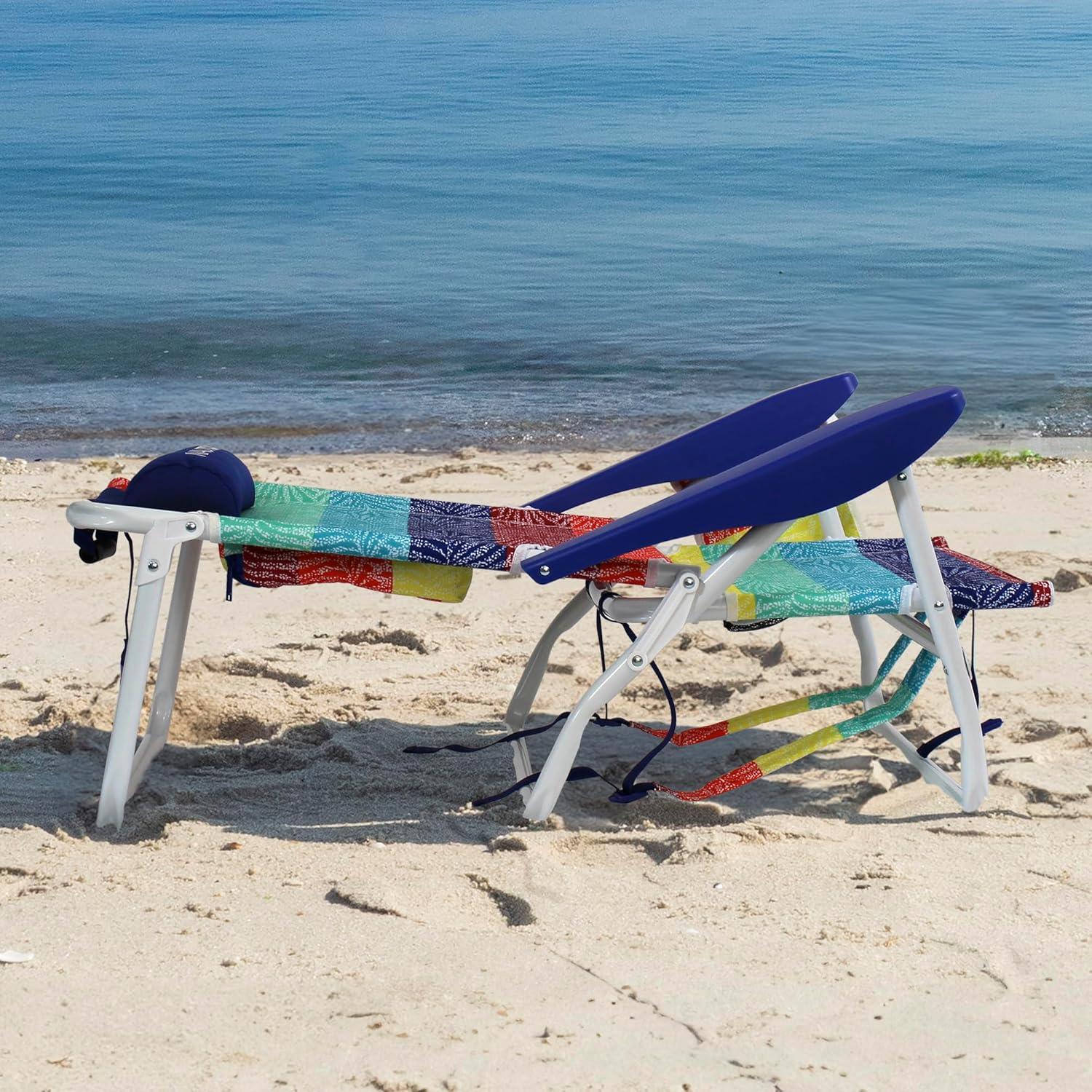 imageNautica Beach Chair Five Position Backpack Chair Portable amp Adjustable with Padded Pillow and Cup Holders and Attached Insulated Cooler BagDotty Palm Rainbow