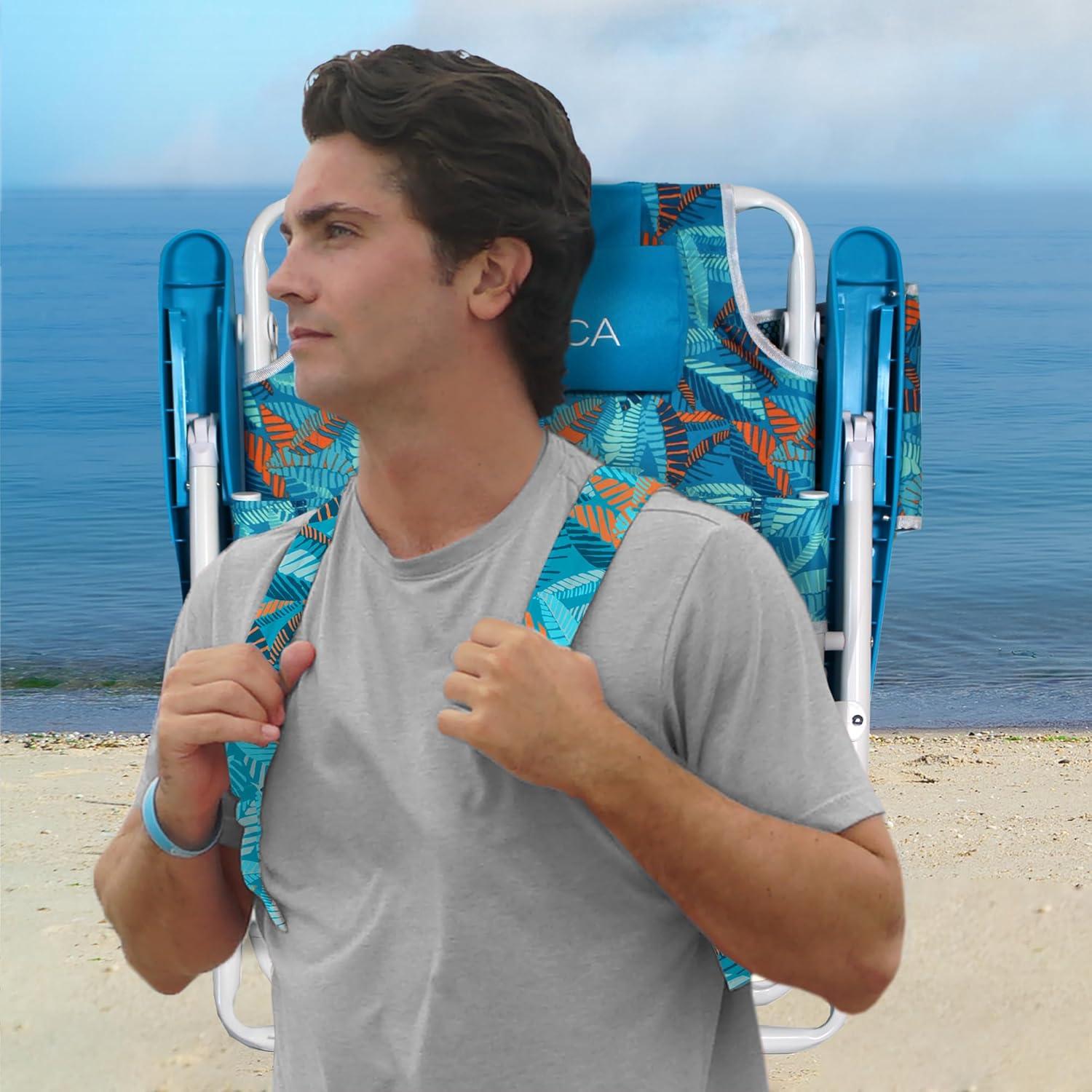 imageNautica Beach Chair Five Position Backpack Chair Portable amp Adjustable with Padded Pillow and Cup Holders and Attached Insulated Cooler BagFiji Beach