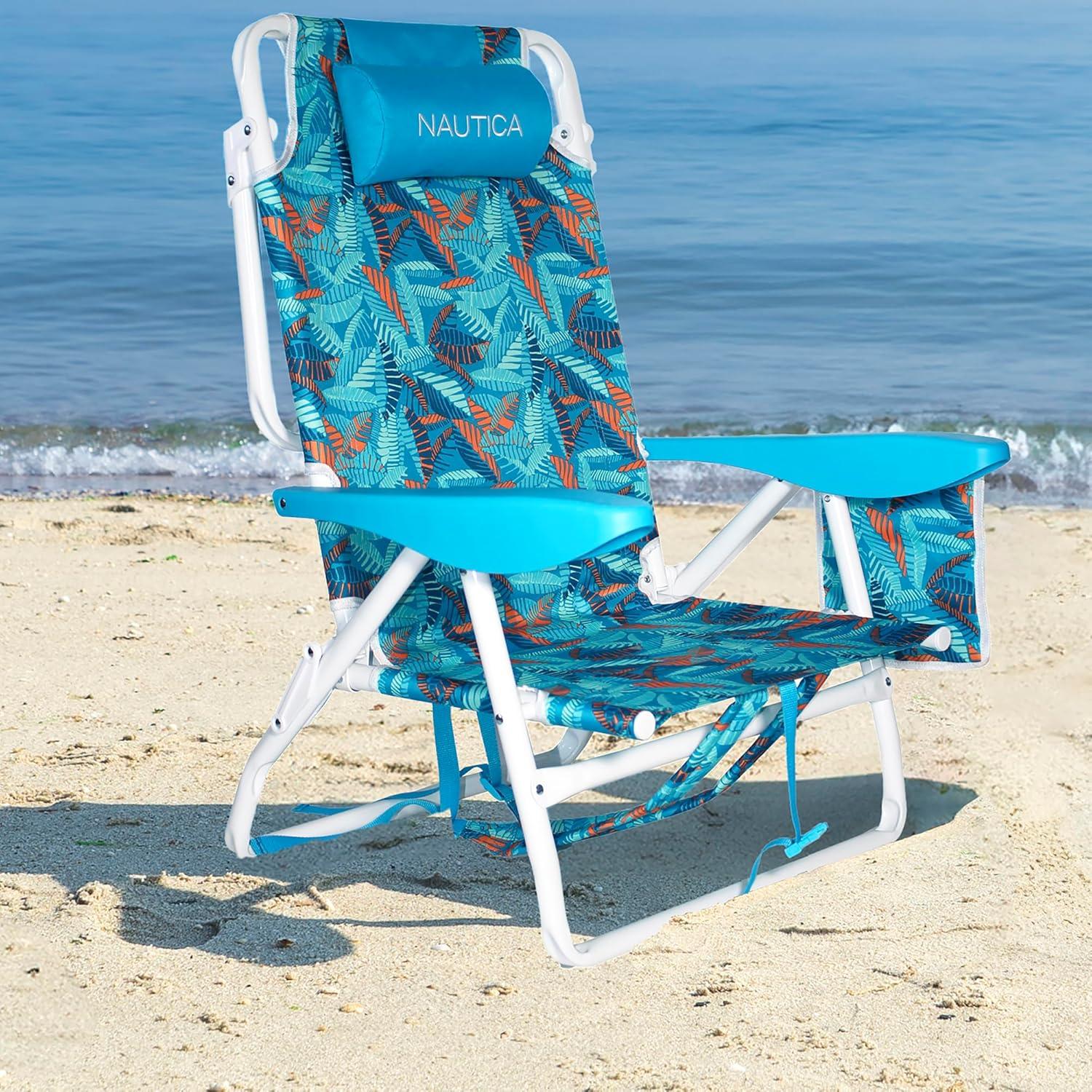 imageNautica Beach Chair Five Position Backpack Chair Portable amp Adjustable with Padded Pillow and Cup Holders and Attached Insulated Cooler BagFiji Beach
