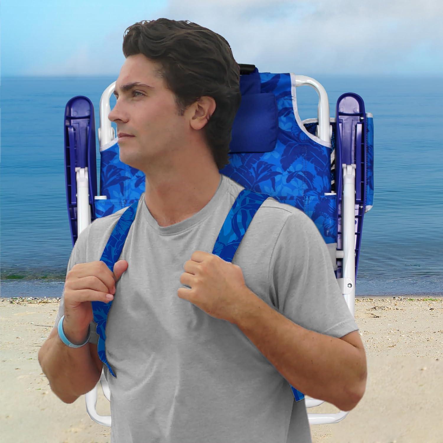 imageNautica Beach Chair Five Position Backpack Chair Portable amp Adjustable with Padded Pillow and Cup Holders and Attached Insulated Cooler BagHibiscus Jungle