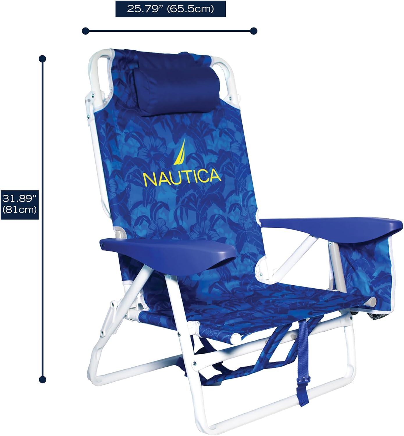 imageNautica Beach Chair Five Position Backpack Chair Portable amp Adjustable with Padded Pillow and Cup Holders and Attached Insulated Cooler BagHibiscus Jungle