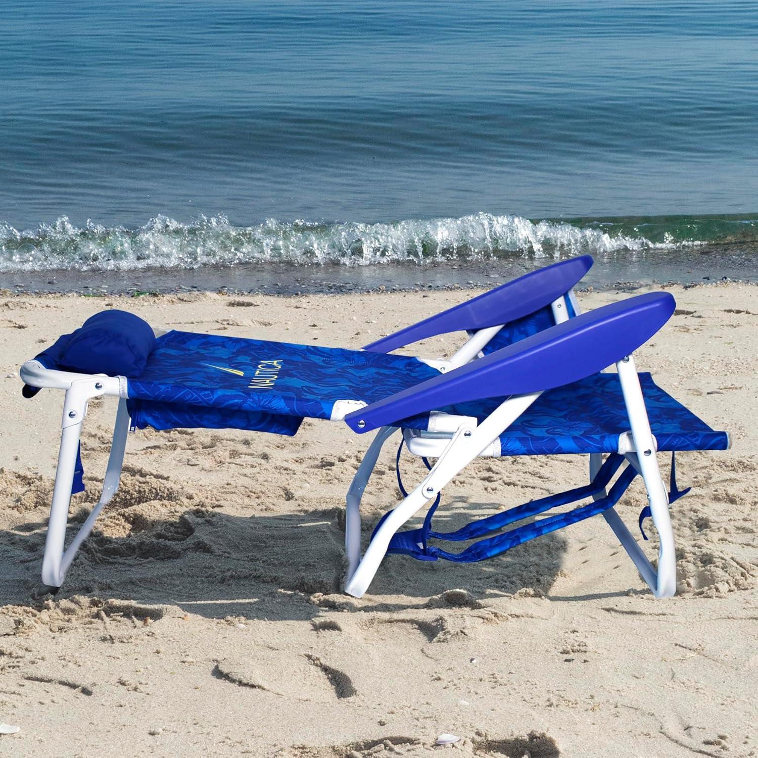 imageNautica Beach Chair Five Position Backpack Chair Portable amp Adjustable with Padded Pillow and Cup Holders and Attached Insulated Cooler BagHibiscus Jungle