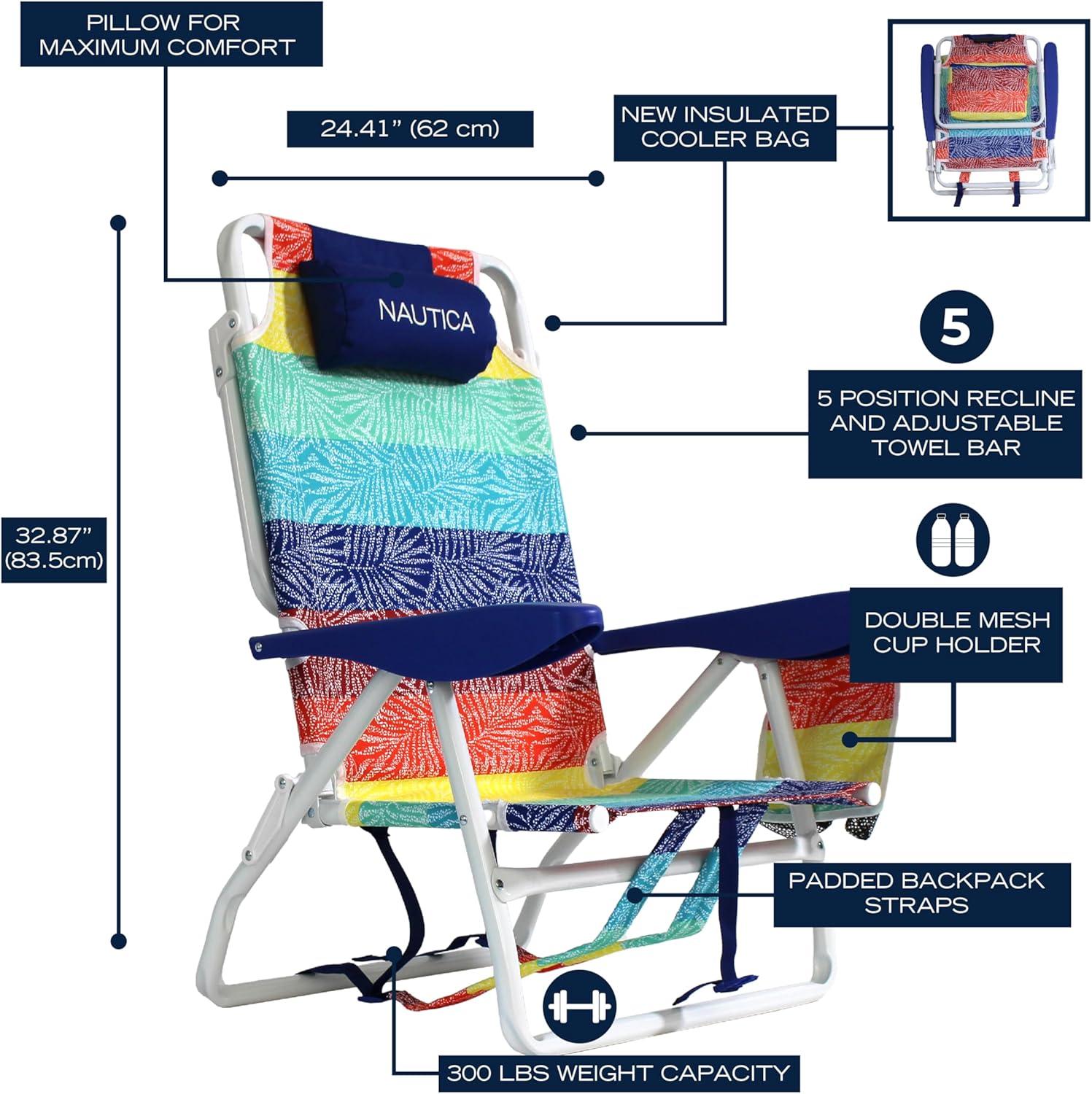 imageNautica Beach Chair Five Position Backpack Chair Portable amp Adjustable with Padded Pillow and Cup Holders and Attached Insulated Cooler BagRainbow Tide