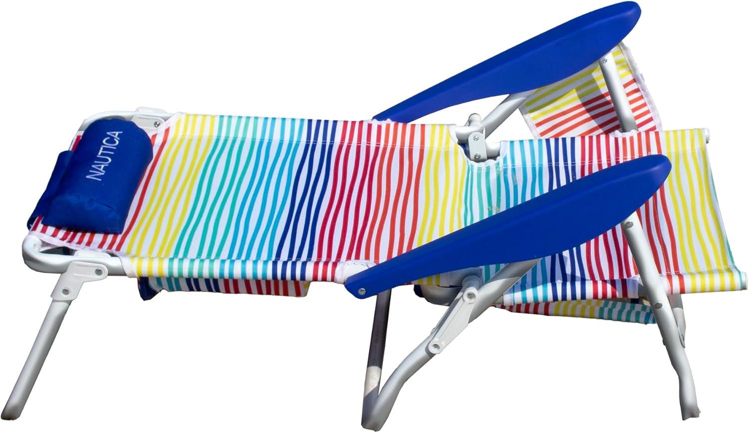 imageNautica Beach Chair Five Position Backpack Chair Portable amp Adjustable with Padded Pillow and Cup Holders and Attached Insulated Cooler BagRainbow Tide