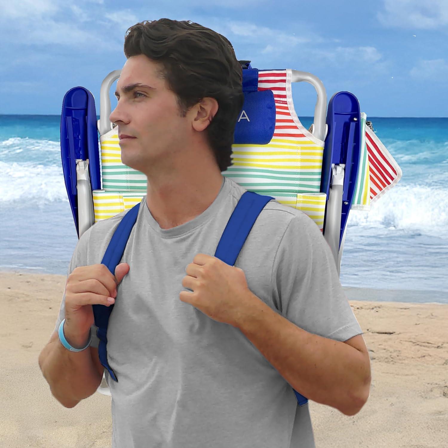 imageNautica Beach Chair Five Position Backpack Chair Portable amp Adjustable with Padded Pillow and Cup Holders and Attached Insulated Cooler BagRainbow Tide