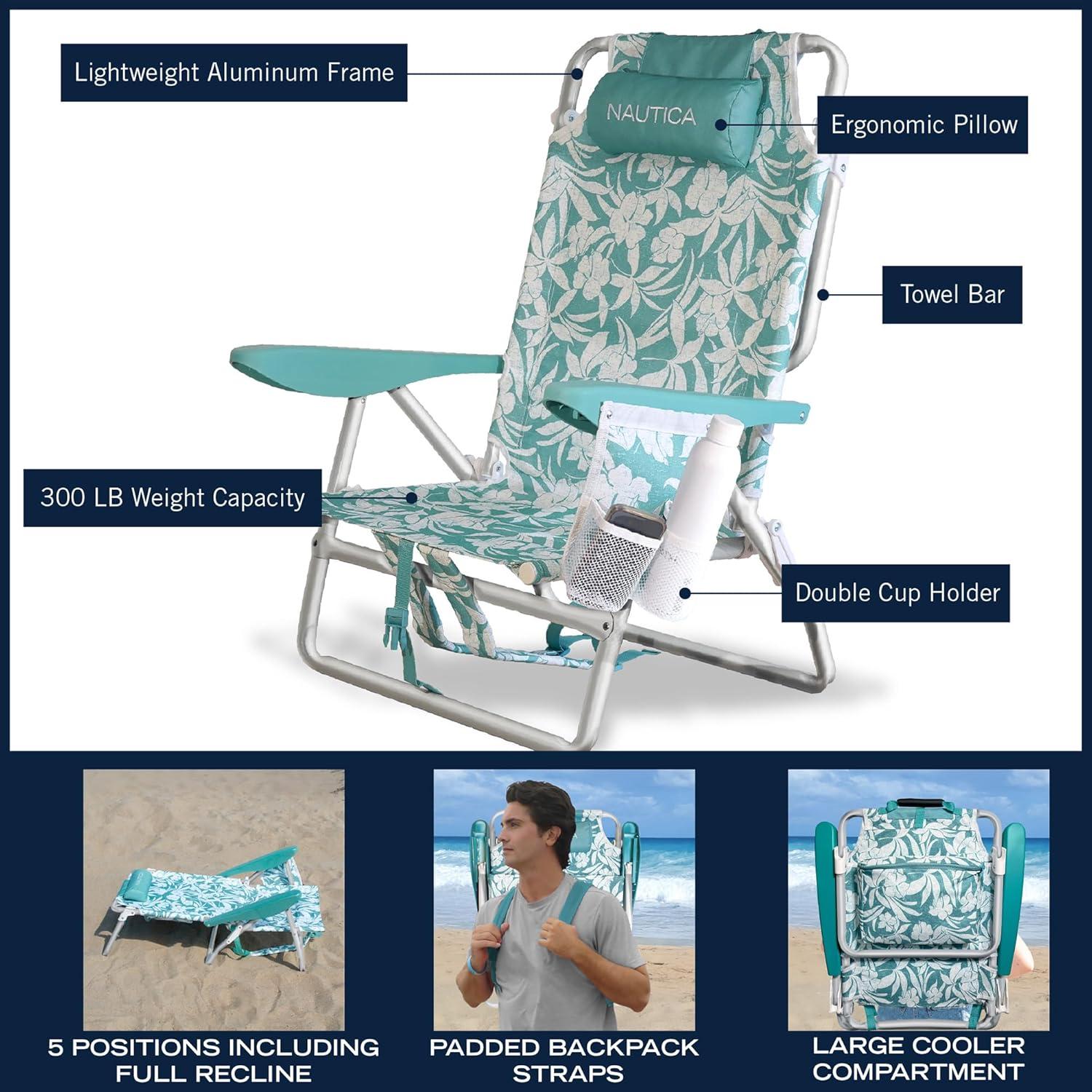 imageNautica Beach Chair Five Position Backpack Chair Portable amp Adjustable with Padded Pillow and Cup Holders and Attached Insulated Cooler BagVintage Tropics
