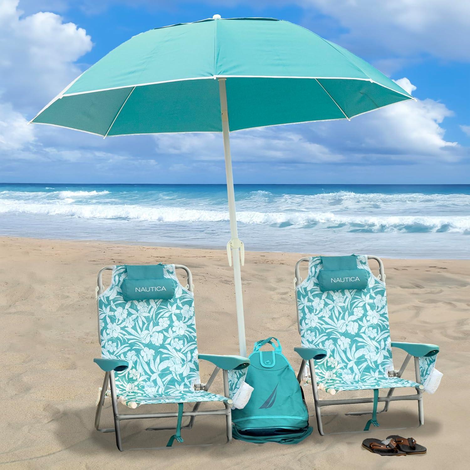 imageNautica Beach Chair Five Position Backpack Chair Portable amp Adjustable with Padded Pillow and Cup Holders and Attached Insulated Cooler BagVintage Tropics