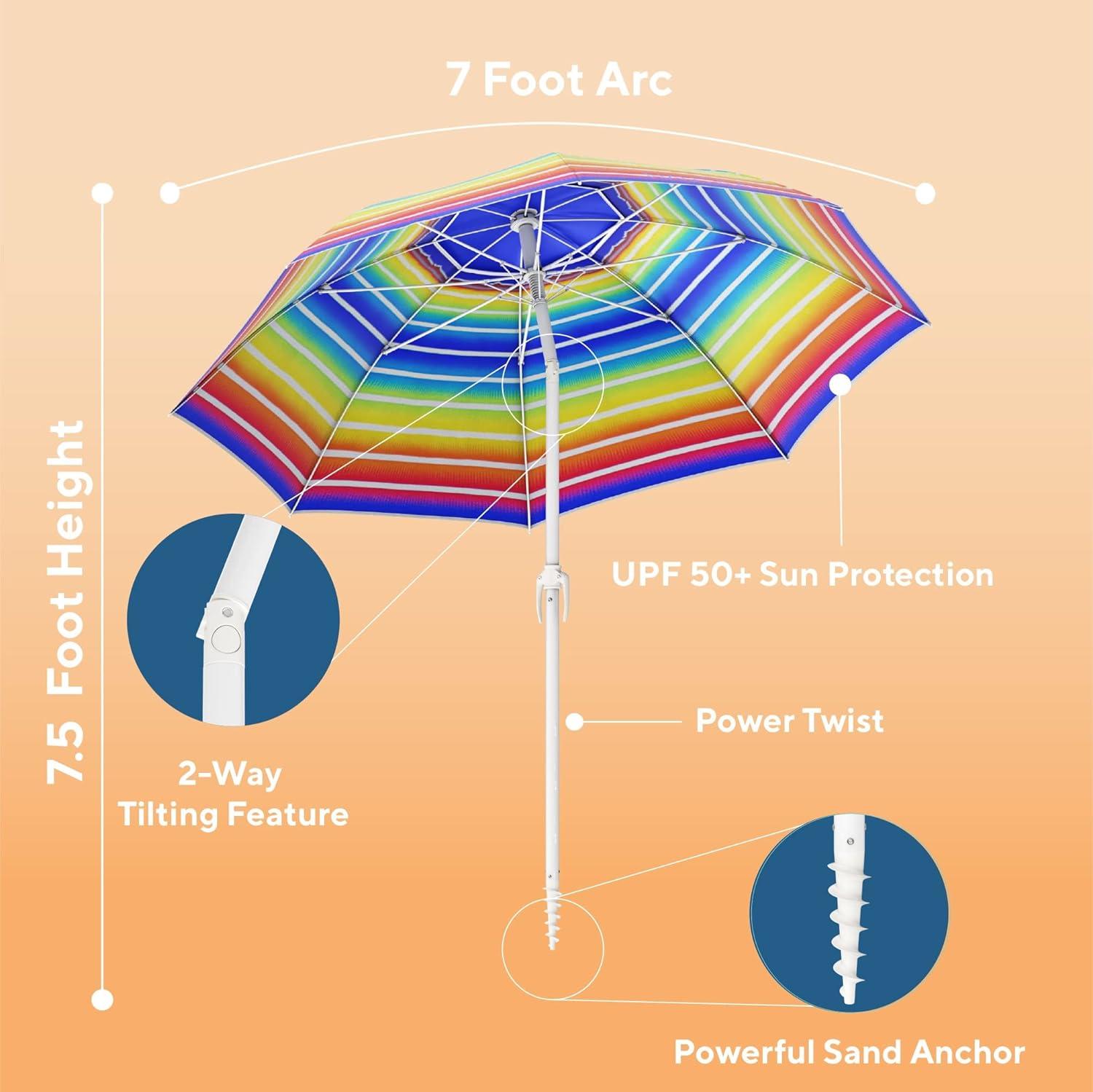 imageNautica Beach Umbrella 7 Ft Heavy Duty Portable Beach Umbrellas for Sand amp Sun UPF 50 Protection Wind amp Sand Anchor for Strong Stability Large Vented Umbrella for Beach 2Way Tilt SystemRainbow