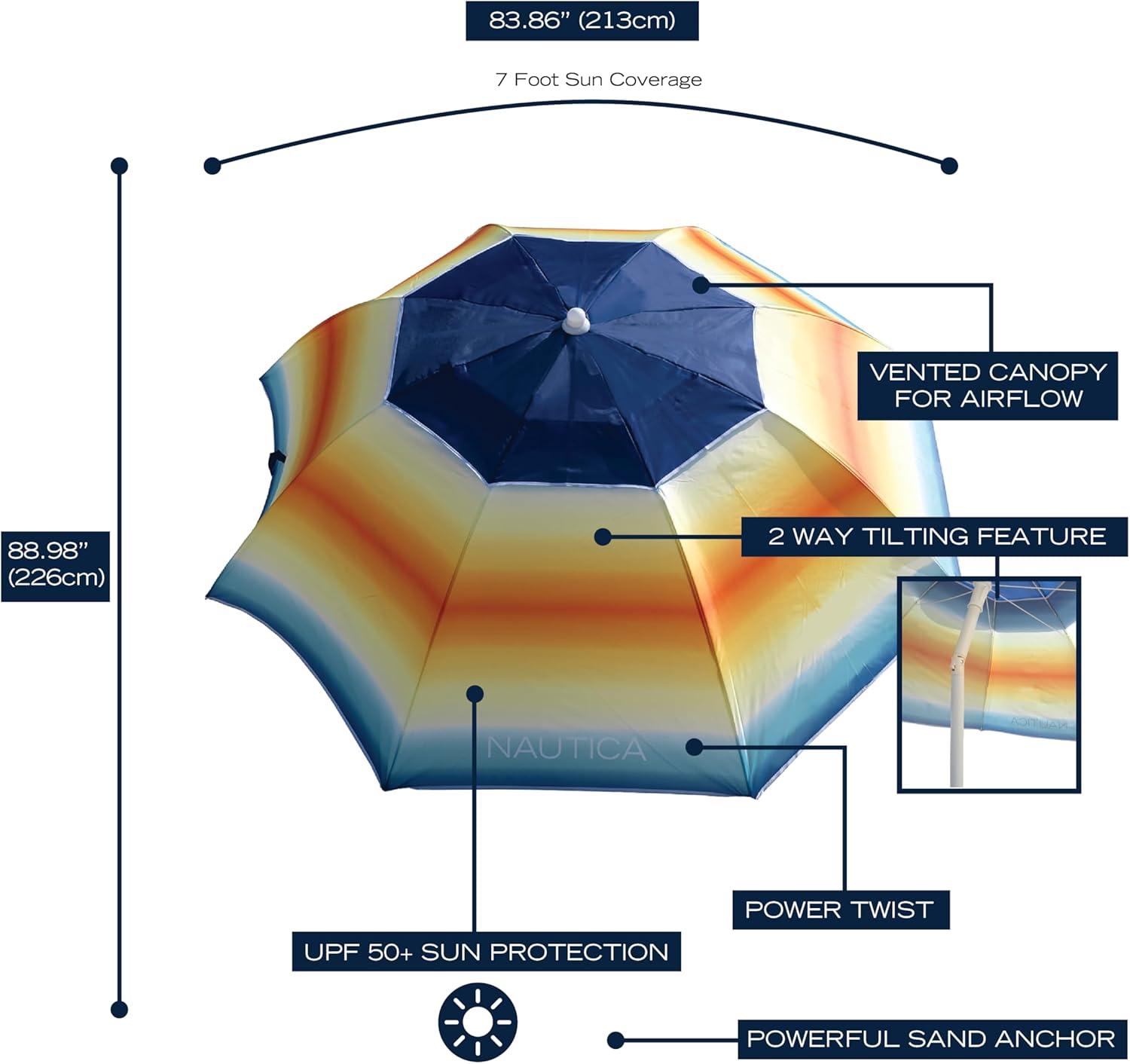 imageNautica Beach Umbrella 7 Ft Heavy Duty Portable Beach Umbrellas for Sand amp Sun UPF 50 Protection Wind amp Sand Anchor for Strong Stability Large Vented Umbrella for Beach 2Way Tilt SystemOrange Sunset