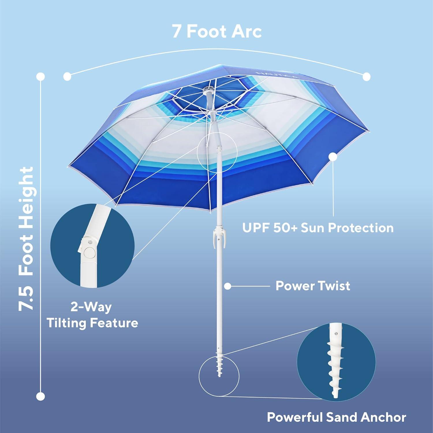 imageNautica Beach Umbrella 7 Ft Heavy Duty Portable Beach Umbrellas for Sand amp Sun UPF 50 Protection Wind amp Sand Anchor for Strong Stability Large Vented Umbrella for Beach 2Way Tilt SystemBlue