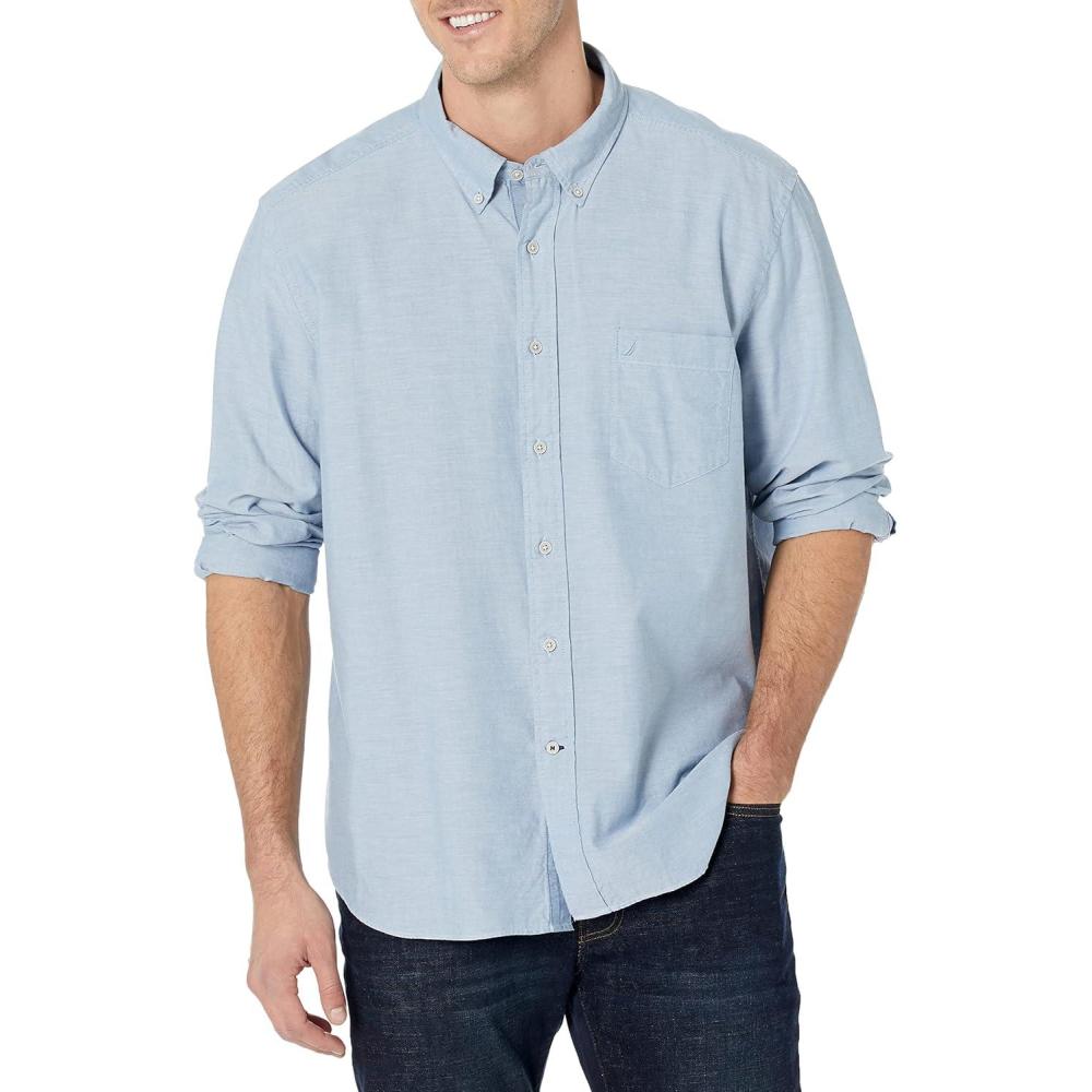 imageNautica Mens Long Sleeve Button Down Solid Oxford ShirtPetrol