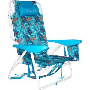 Nautica Beach Chair, Five Position Backpack Chair, Portable & Adjustable with Padded Pillow and Cup Holders and Attached Insulated Cooler Bag(Fiji Beach)
