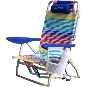 Nautica Beach Chair, Five Position Backpack Chair, Portable & Adjustable with Padded Pillow and Cup Holders and Attached Insulated Cooler Bag(Rainbow Tide)