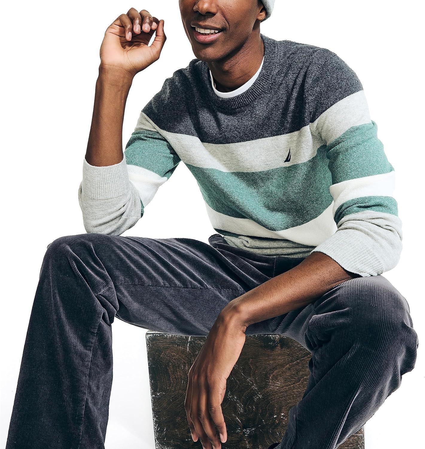 imageNautica Sustainably Crafted Striped Textured Crewneck SweaterGrey Heather
