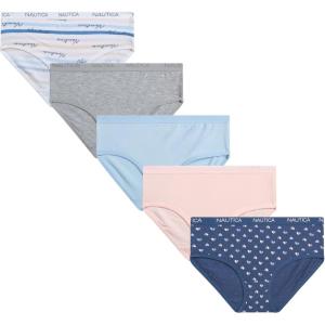 Nautica Girls Underwear Briefs – 5 Pack Comfort Stretch Mid-Waist Breathable Cotton Underwear Panties for Girls (4-12)(Print/Pink Bliss/Light Grey Heather/Blue)