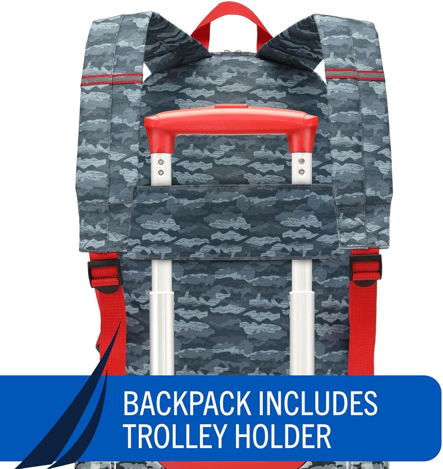 imageNautica Kids Luggage 18 Airline Approved Rolling Hardside Upright Carryon Suitcase with Wheels Pirate AhoyShark Attack 5pc Travel Set
