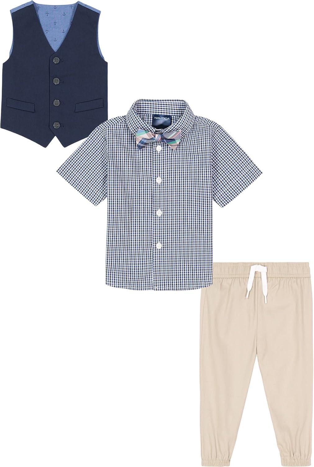 imageNautica Baby Boys 4piece Suit Set with Dress Shirt Vest Pants and TieKhaki Short Sleeve