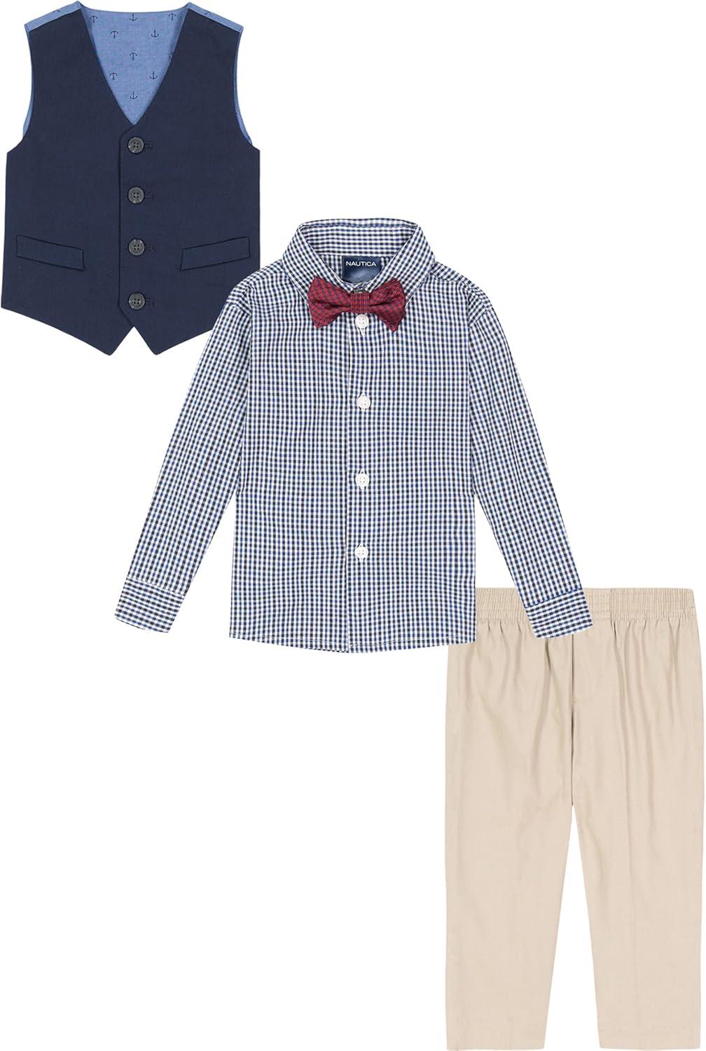 imageNautica Baby Boys 4piece Suit Set with Dress Shirt Vest Pants and TieKhakiNavyRed
