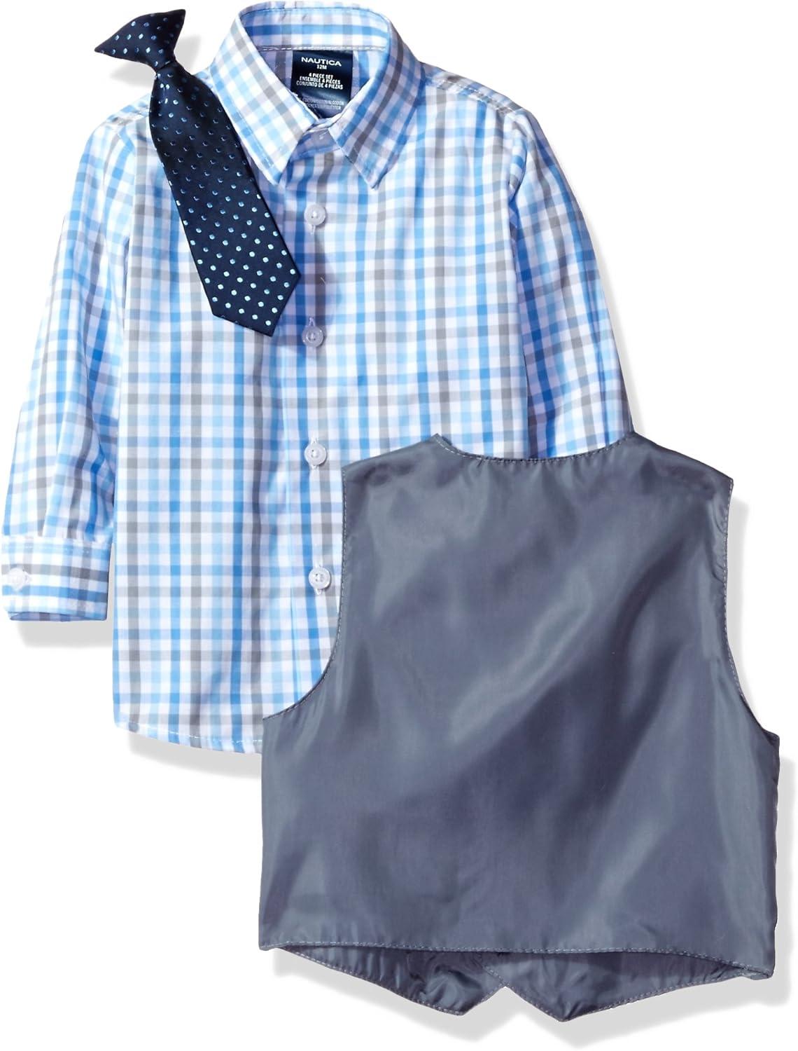 imageNautica Baby Boys 4piece Suit Set with Dress Shirt Vest Pants and TieLight GreyBlue Check