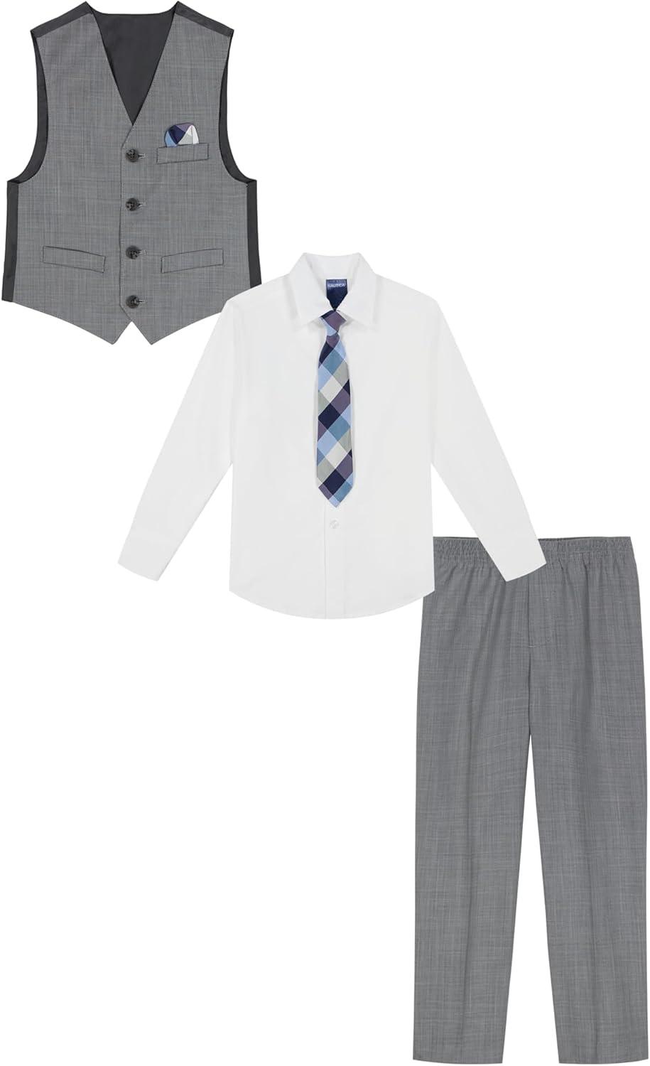 imageNautica Boys 4piece Formal Suit Set with Vest Pants Collared Dress Shirt and TieLight Grey Deco Sharkskin