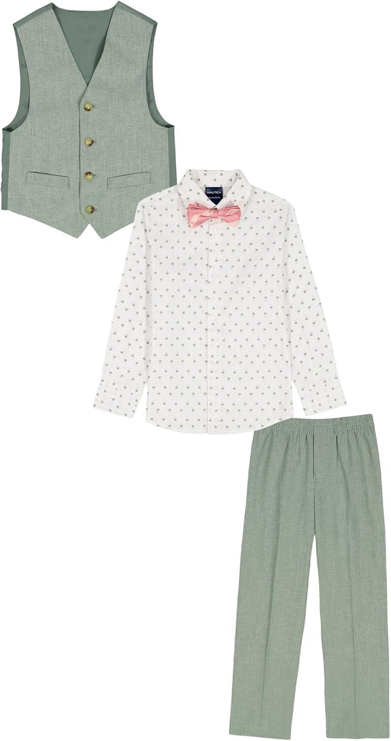 imageNautica Boys 4piece Formal Suit Set with Vest Pants Collared Dress Shirt and TieSage