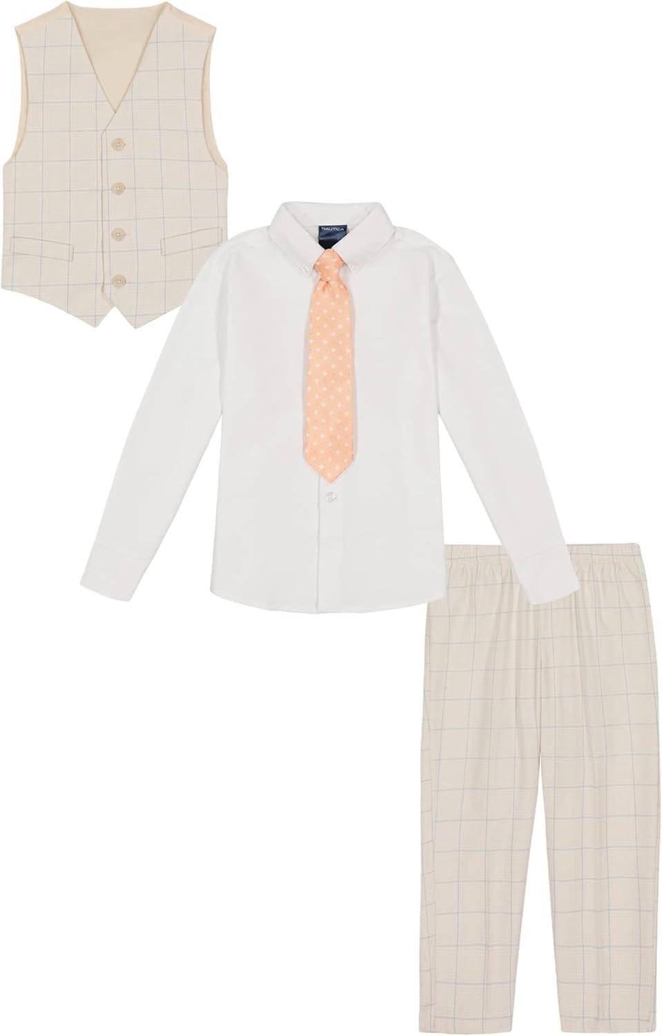 imageNautica Boys 4piece Formal Suit Set with Vest Pants Collared Dress Shirt and TieSilvered Birch Windowpane
