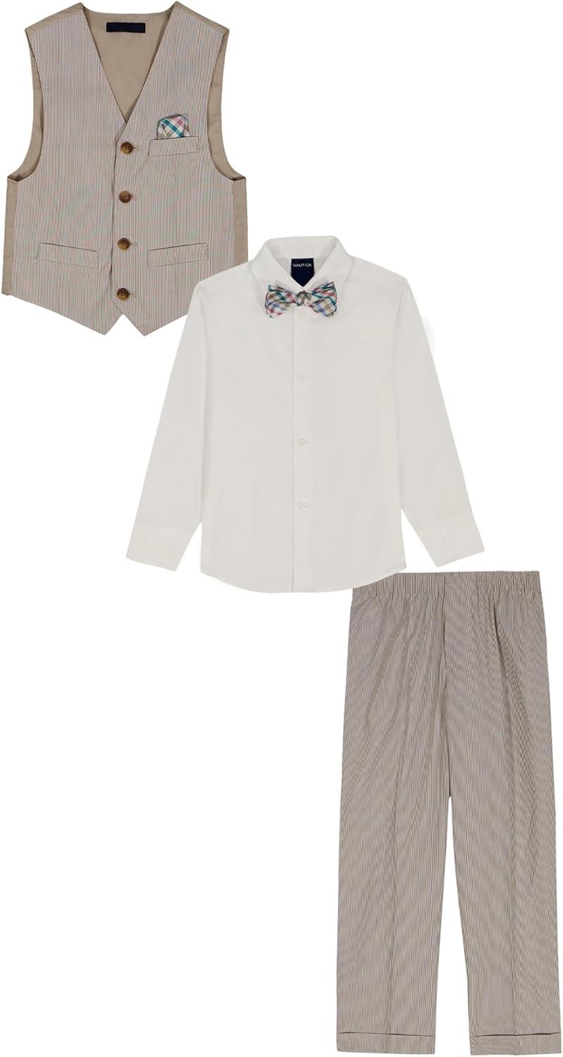 imageNautica Boys 4piece Formal Suit Set with Vest Pants Collared Dress Shirt and TieWheat Stripe