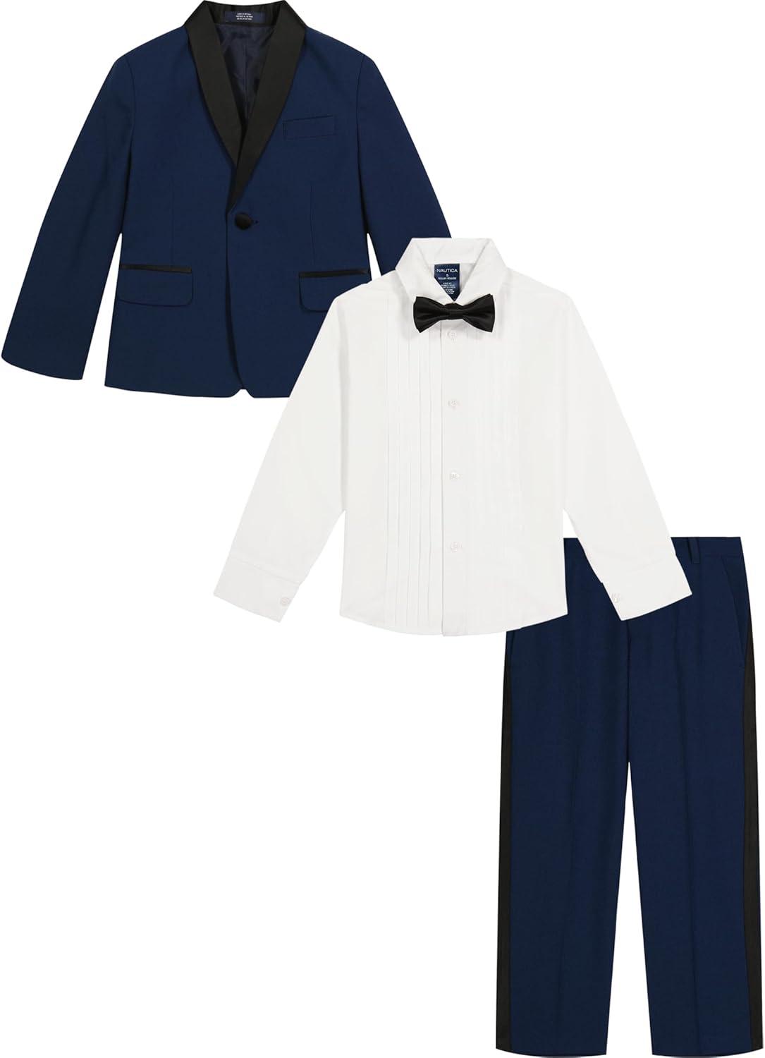 imageNautica Boys 4piece Tuxedo Set with Dress Shirt Bow Tie Jacket and PantsBlue Tuxedo