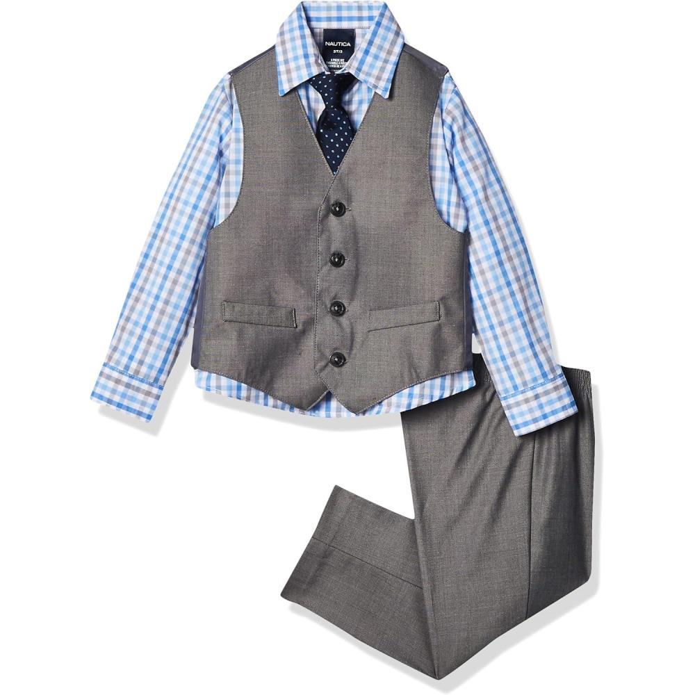 imageNautica Boys 4piece Formal Suit Set with Vest Pants Collared Dress Shirt and TieLight Grey