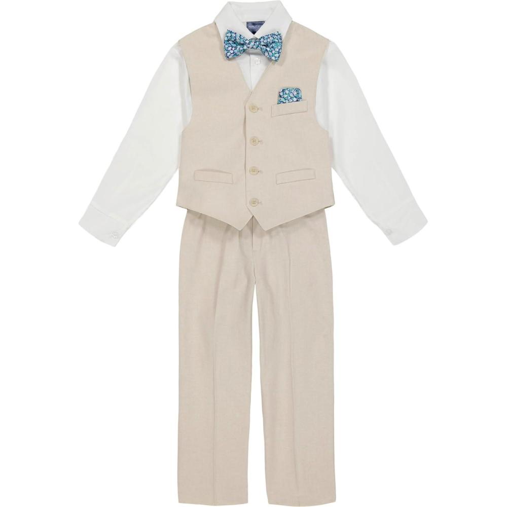 imageNautica Boys 4piece Formal Suit Set with Vest Pants Collared Dress Shirt and TieLight KhakiFloral