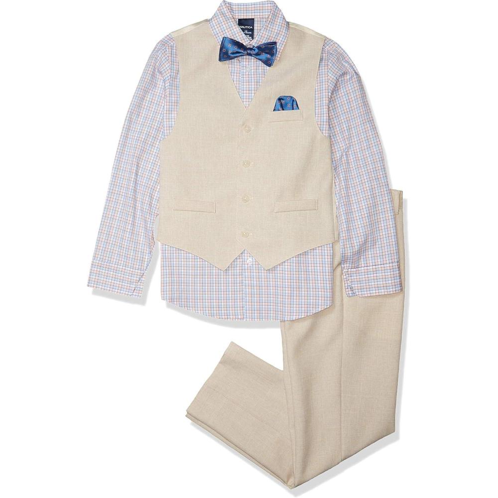 imageNautica Boys 4piece Formal Suit Set with Vest Pants Collared Dress Shirt and TieSilver Birch