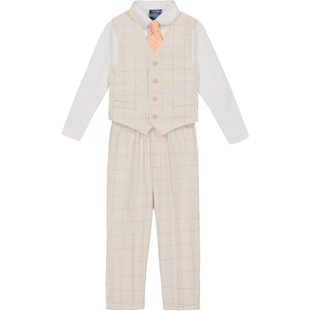 imageNautica Boys 4piece Formal Suit Set with Vest Pants Collared Dress Shirt and TieSilvered Birch Windowpane